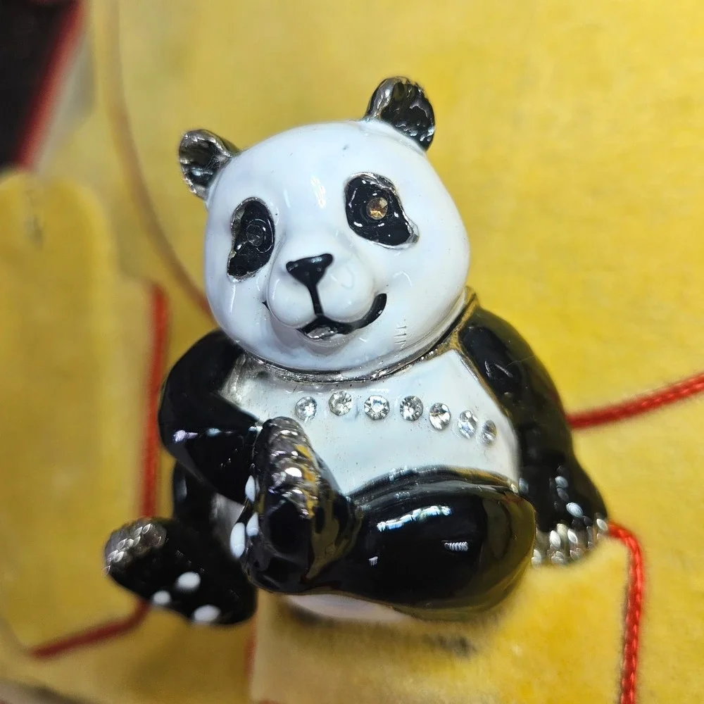 Panda Bear Hinged Trinket Box Enamel Rhinestone‎ Crystal Bejeweled Black White